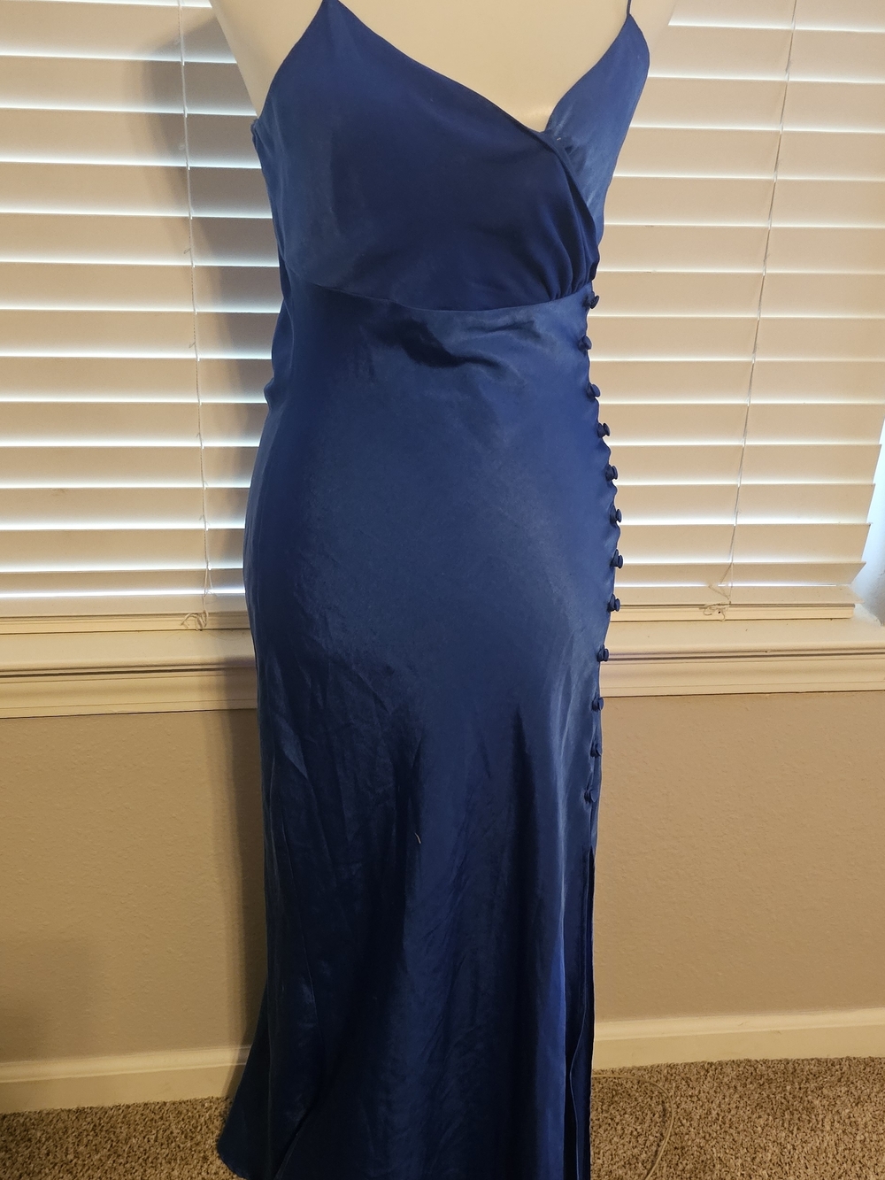 Zara Deep Blue Satin Slip Maxi Dress with Side Button Detail